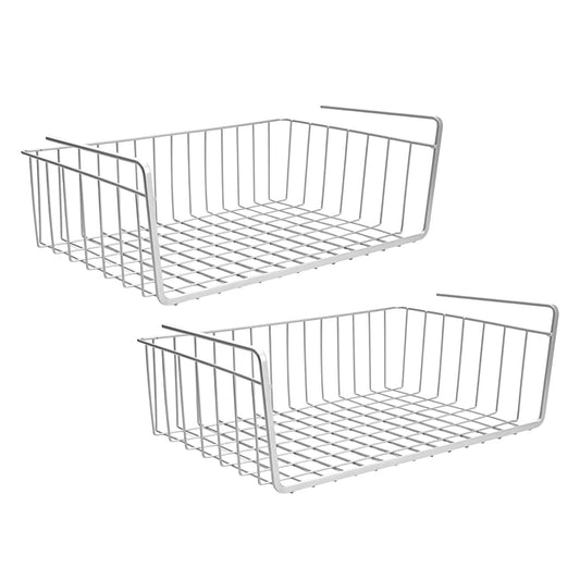 Go Hooked 16 Inch Undershelf Storage Basket Pack of 2 | Multipurpose Under Shelf Organizer | Hanging Wire Basket for Cabinet, Shelf, Pantry, Cupboard, Closet, Desk, and Bathroom (White)