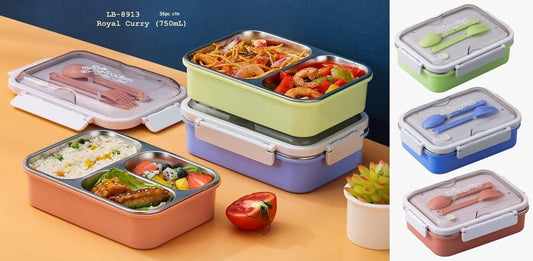 MIRTONICS 3 Compartment Stainless Steel Lunch Box Leakage Proof Lunch Box for School Kids Adults (750ml_Multicolor)