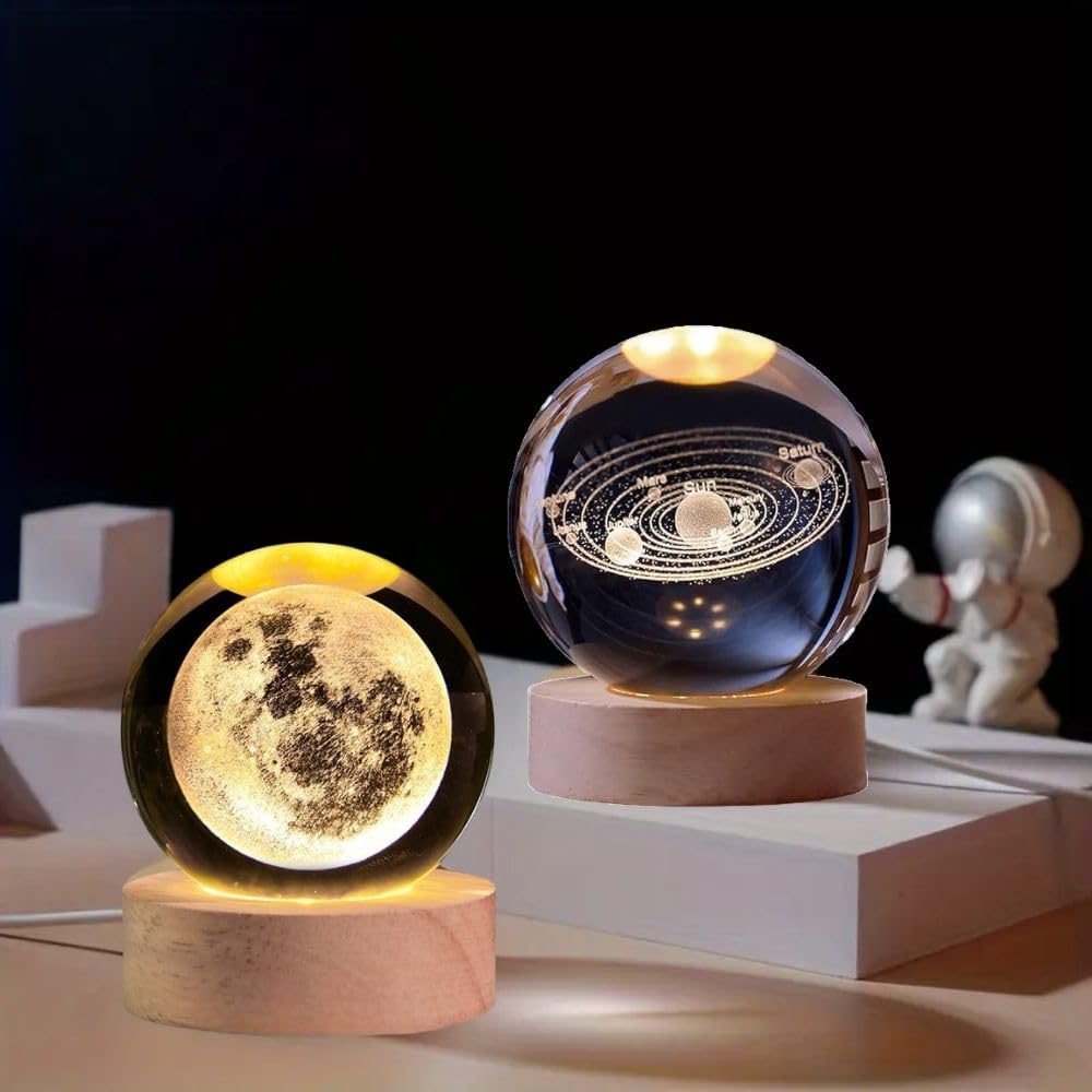 Desidiya Moon Crystal Ball Night Light,2.4 Inch Glass Ball Night LED Lamp with Woodern Base,Decorations Gifts for Men,Women,Kids,Boys,Girls | Gifts for Woman | Valentine Gifts
