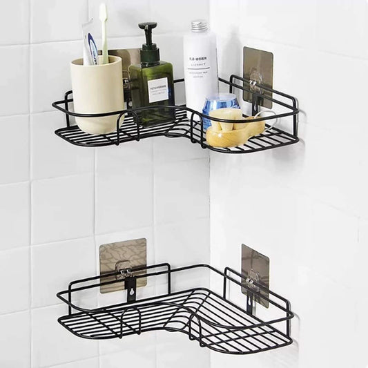CRENTILA Stainless Steel Self-Adhesive Metal Storage Organizer Bathroom Corner Rack Shelves (Black)