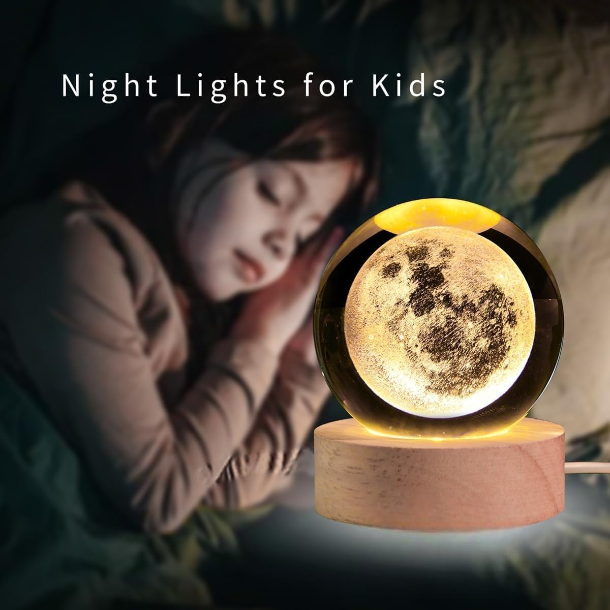 Desidiya Moon Crystal Ball Night Light,2.4 Inch Glass Ball Night LED Lamp with Woodern Base,Decorations Gifts for Men,Women,Kids,Boys,Girls | Gifts for Woman | Valentine Gifts