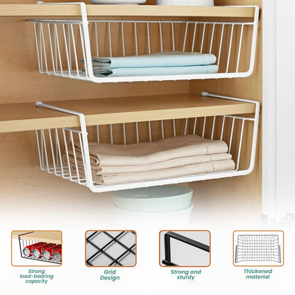 Go Hooked 16 Inch Undershelf Storage Basket Pack of 2 | Multipurpose Under Shelf Organizer | Hanging Wire Basket for Cabinet, Shelf, Pantry, Cupboard, Closet, Desk, and Bathroom (White)