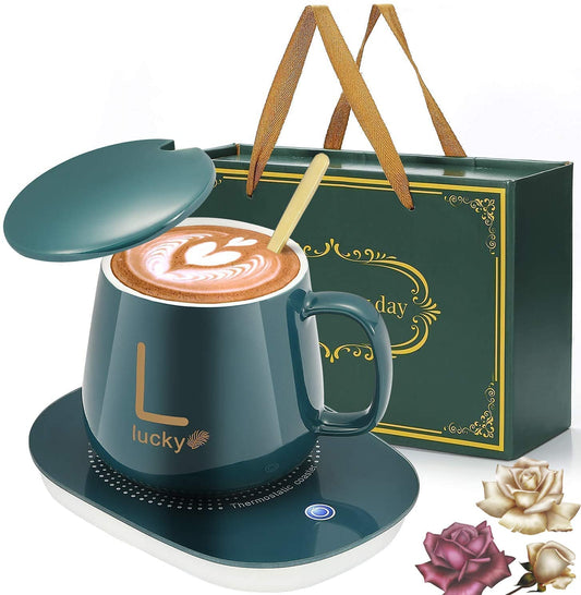GABANIZ Auto Shut Off Hot Plate Personal Heated Ceramic Mug Desk Coffee Beverage Thermostatic Smart Heater Milk Tea Cocoa Water Home and Office Use Cup Spoon