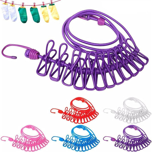 NAARI VILLA Cloth Drying Rope (Pack of 4) with 12 Clips Hooks Elastic Cloth Hanging Rope Cloth Drying for Travel Home Outdoor Indoor Wind-Proof Clothesline