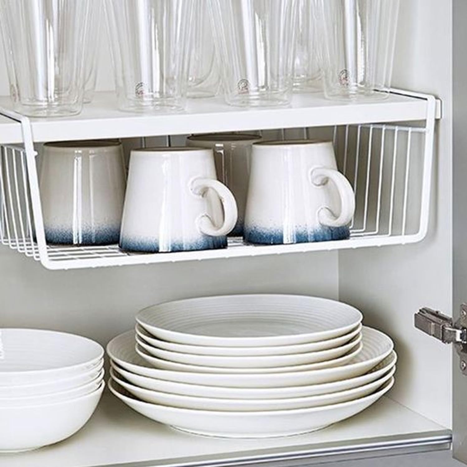 Go Hooked 16 Inch Undershelf Storage Basket Pack of 2 | Multipurpose Under Shelf Organizer | Hanging Wire Basket for Cabinet, Shelf, Pantry, Cupboard, Closet, Desk, and Bathroom (White)