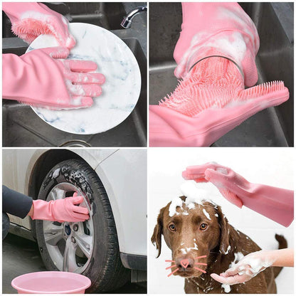 HUSB® Gloves Magic Silicone Dish Washing Gloves, Silicon Cleaning Gloves, Silicon Hand Gloves for Kitchen Dishwashing and Pet Grooming, Great for Washing Dish, Car, Bathroom (Multicolour, 1 Pair)