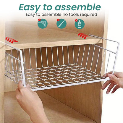 Go Hooked 16 Inch Undershelf Storage Basket Pack of 2 | Multipurpose Under Shelf Organizer | Hanging Wire Basket for Cabinet, Shelf, Pantry, Cupboard, Closet, Desk, and Bathroom (White)