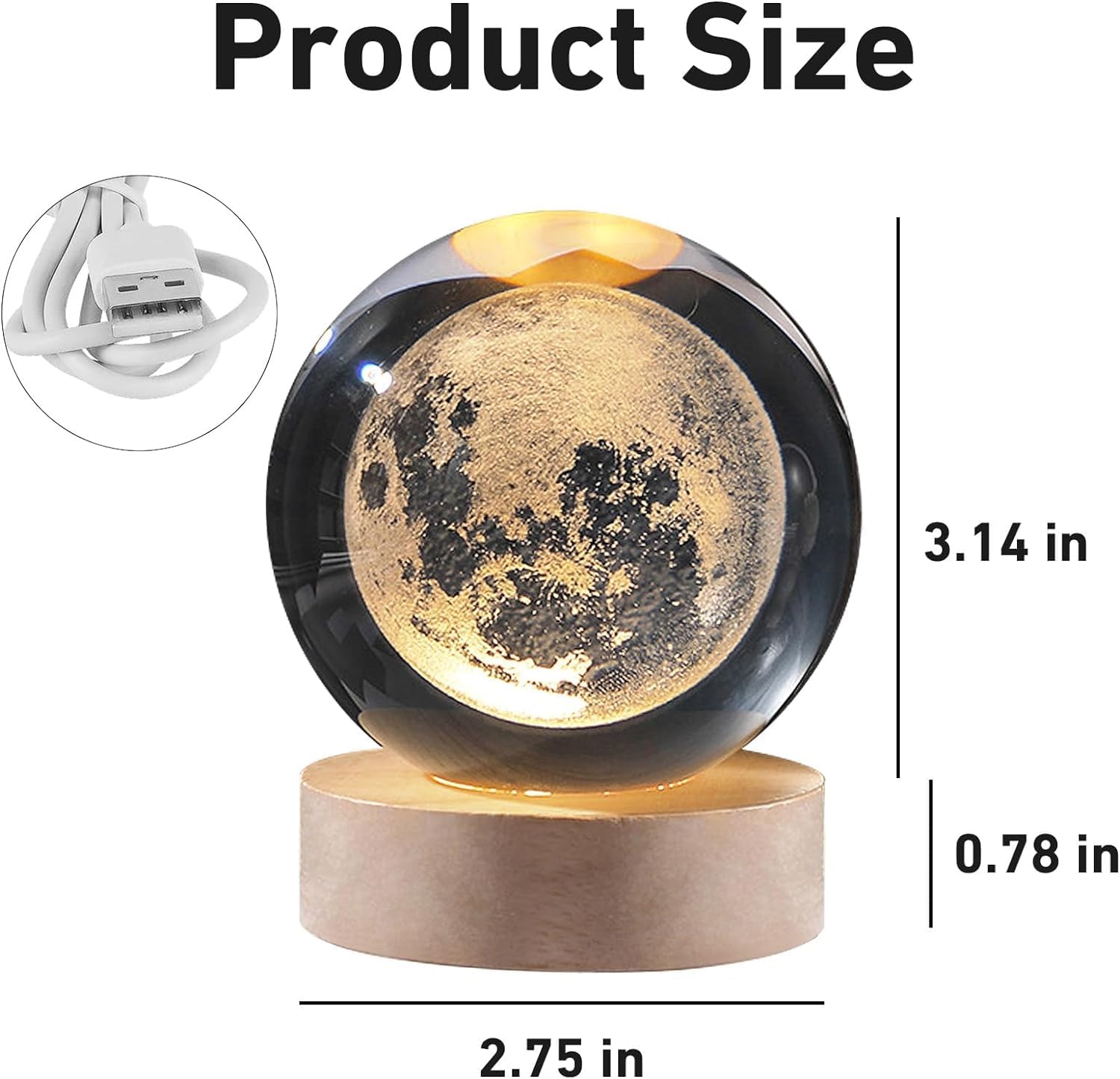 Desidiya Moon Crystal Ball Night Light,2.4 Inch Glass Ball Night LED Lamp with Woodern Base,Decorations Gifts for Men,Women,Kids,Boys,Girls | Gifts for Woman | Valentine Gifts