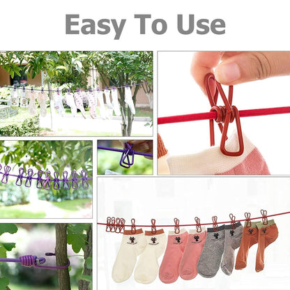 NAARI VILLA Cloth Drying Rope (Pack of 4) with 12 Clips Hooks Elastic Cloth Hanging Rope Cloth Drying for Travel Home Outdoor Indoor Wind-Proof Clothesline