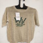 Beige Knitted Women’s Top with Green Embroidered Floral Design – Casual Short Sleeve Summer Wear