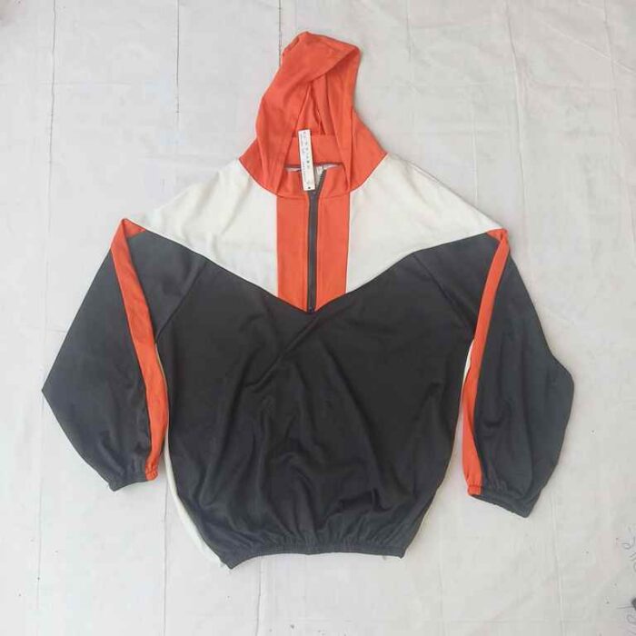 Orange, Black, and White Hooded Jacket with Elastic Waistband