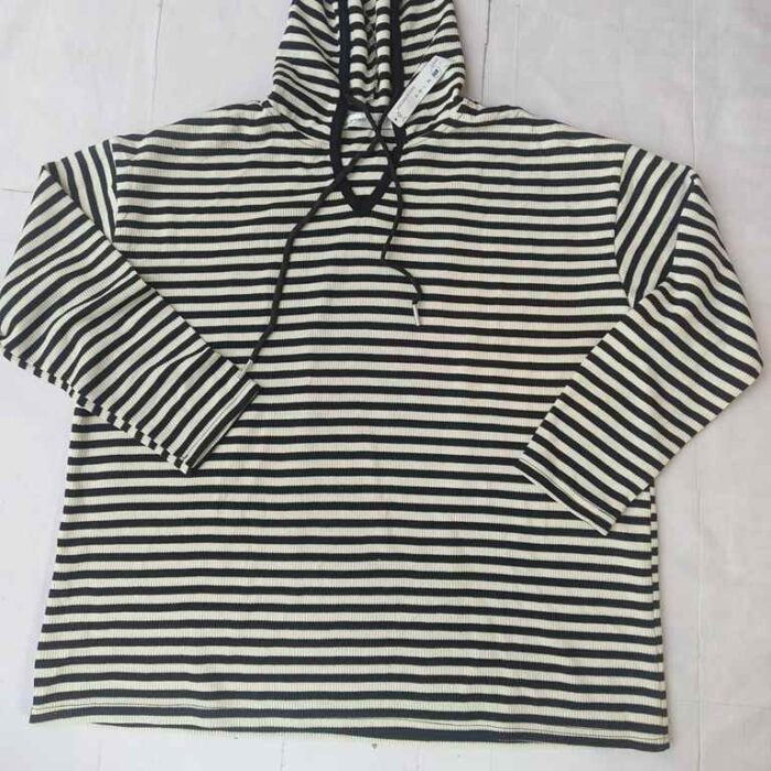 Black and White Striped Hoodie with Drawstrings