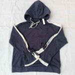 Navy Blue Hooded Sweatshirt with White Stripes and Drawstring