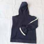 Navy Blue Hooded Sweatshirt with White Stripes and Drawstring