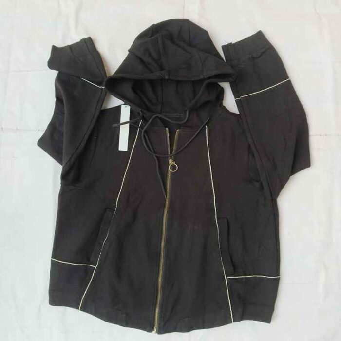 Black Hooded Zip-Up Jacket with Contrast Stitching