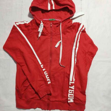 Red Hooded Zip-Up Sweatshirt with White Stripes and Text unisex man/woman /BOYS/GIRLS WEAR