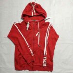 Red Hooded Zip-Up Sweatshirt with White Stripes and Text unisex man/woman /BOYS/GIRLS WEAR