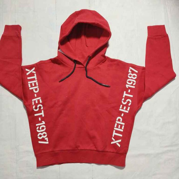 Red XTEP-EST 1987 Hoodie with Black Drawstrings unisex man/woman /BOYS/GIRLS WEAR