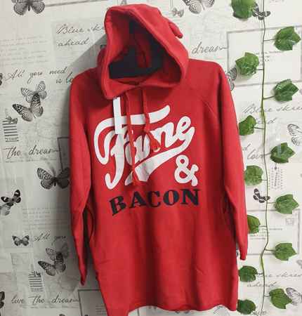 Red Hoodie with "Fame & BACON" Design