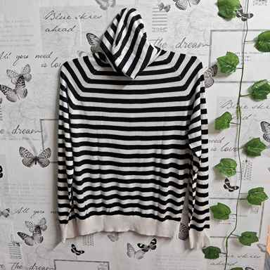 Striped Black and White Hooded Pullover with Button Placket unisex