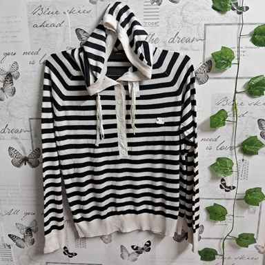 Striped Black and White Hooded Pullover with Button Placket unisex